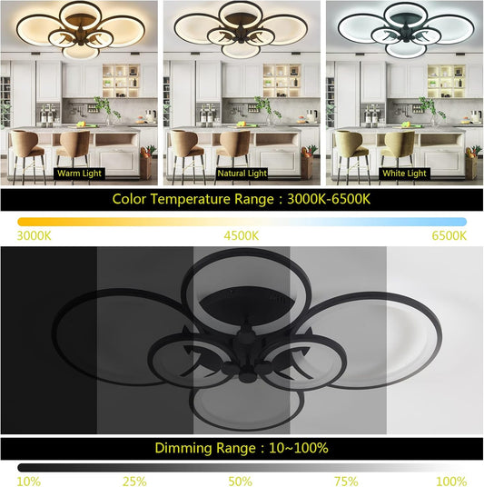 33.3inch LED Ceiling Light,Dimmable Modern Ceiling Light,6 Rings Flush Mount Ceiling Lamps Acrylic Lampshade Remote Controller Black LED Chandelier for Home Office Bedroom(33.3x24.8x4.92in/70w)