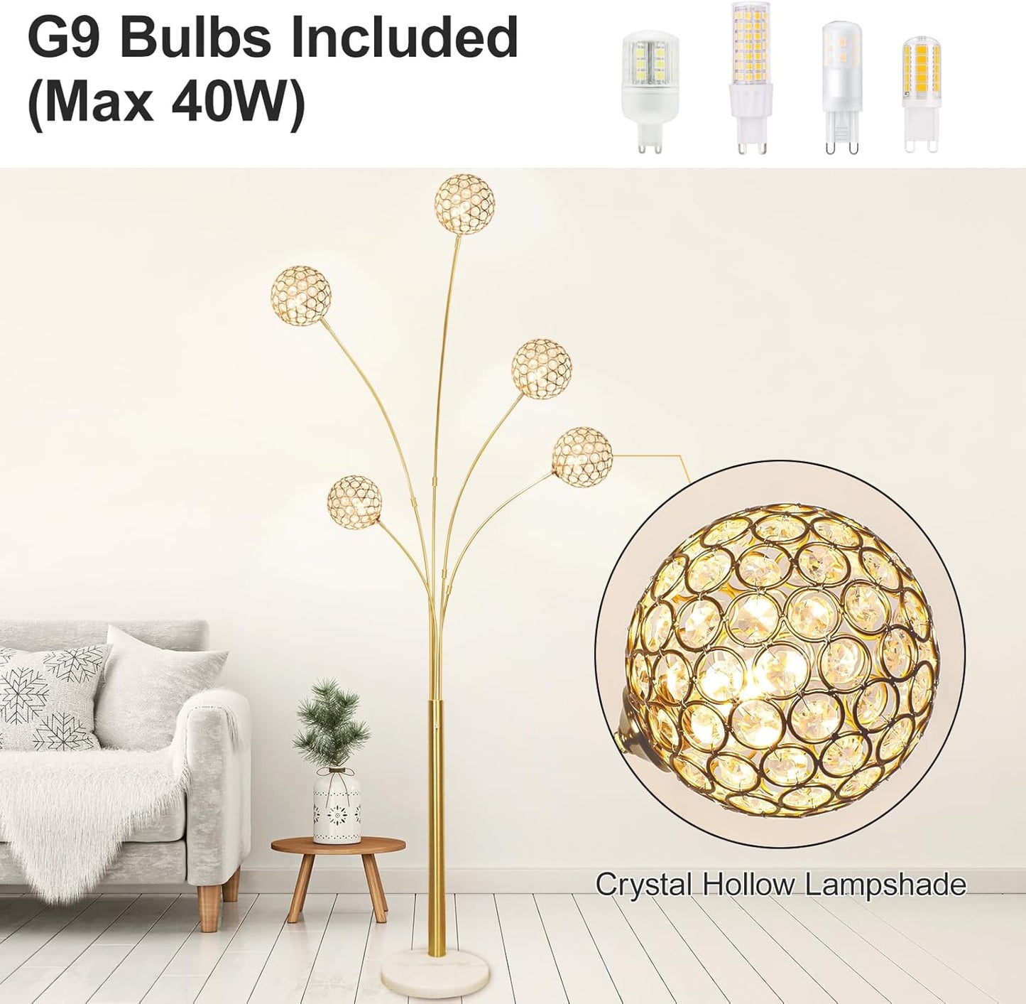 Floor Lamps for Living Room, 5-Light Gold Arc Standing Lamp, 86.6" Modern Tall Tree Floor Lamp with Adjustable Arms, Multi-Head LED Floor Lamps for Bedroom, Study, Office, G9 Bulbs Included
