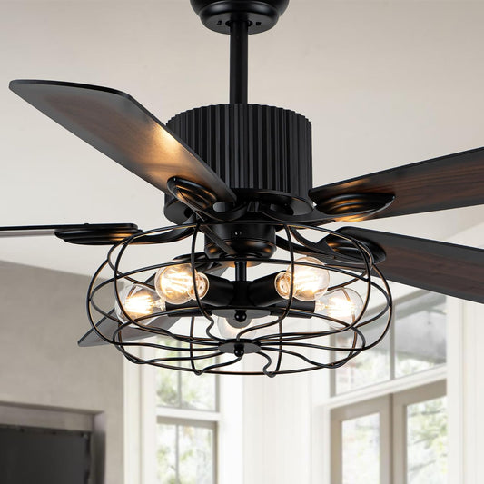 52" Industrial Ceiling Fan Farmhouse Caged Chandelier Fan with Light Remote Vintage Rustic Indoor Fandelier with Silent Motor for Dining Living Room Bedroom Porch Outdoor (Coffee)
