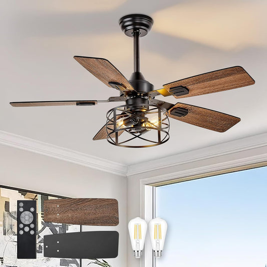 Caged Ceiling Fans with Lights: 42-Inch Farmhouse Ceiling Fans - Dual Finish Black & Walnut Industrial Ceiling Fan with Remote Control for Living Room Outdoor Patio Porch (Bulb Included)