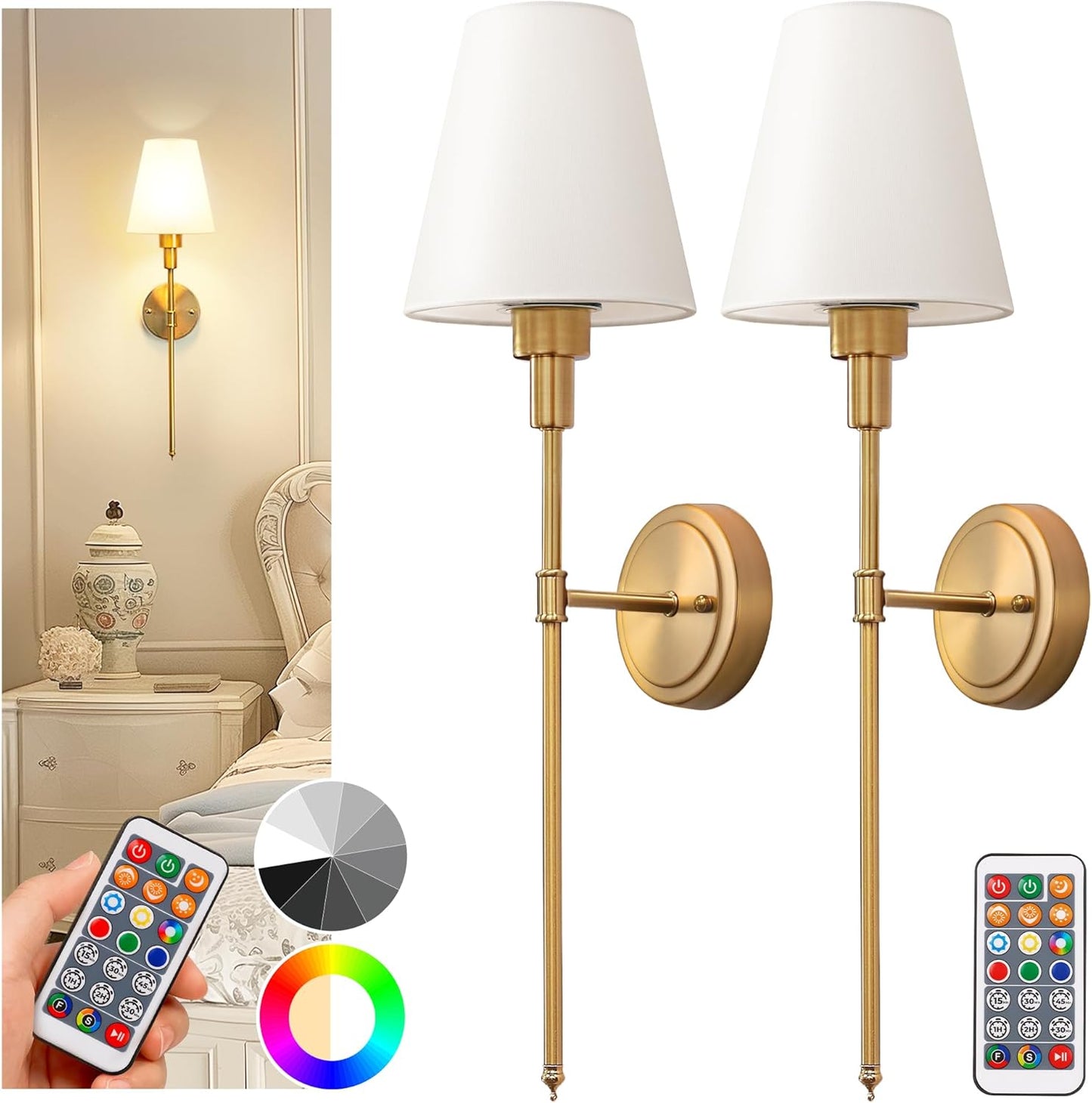 Battery Operated Wall Sconce Set of 2, Wall Light Wireless Easy to Install Remote Control, Dimmable and Adjustable Sconces Wall Decor, Rechargeable Wall Lamp for Bedroom, Living Room, Gold