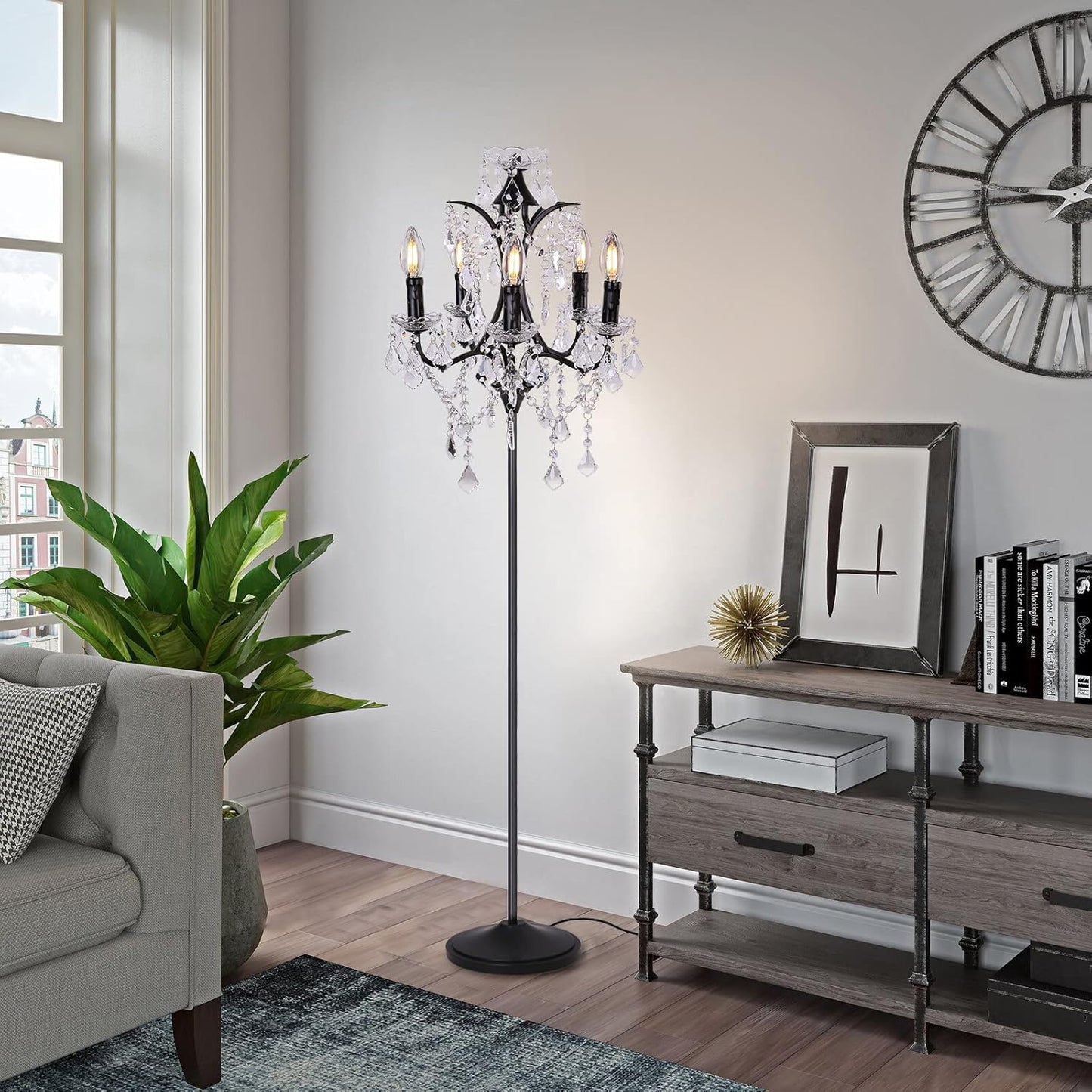 5-Light Farmhouse Tranditional Crystal Floor Lamp, Black Craft Candelabra Lighting Fixture 65'' Tall for Living Room, Dining Room, Entryway, Bedroom