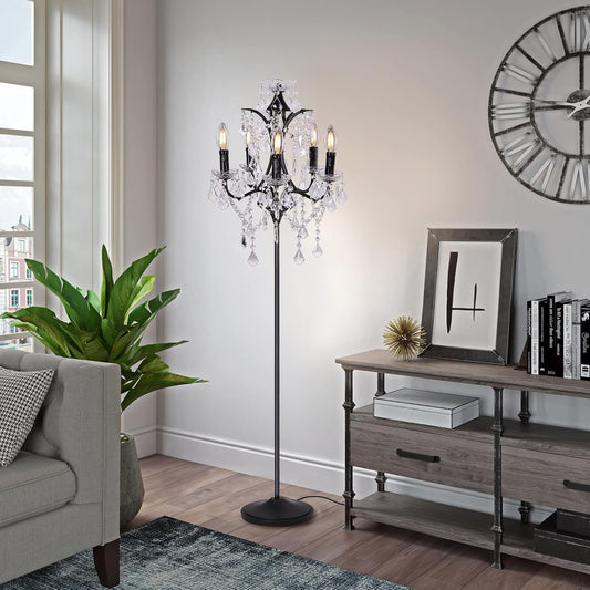 5-Light Farmhouse Tranditional Crystal Floor Lamp, Black Craft Candelabra Lighting Fixture 65'' Tall for Living Room, Dining Room, Entryway, Bedroom