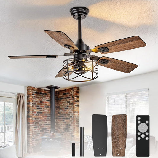 42-Inch Ceiling Fans with Lights: Caged Ceiling Fans Dual Finish 5 Blades - Rustic Ceiling Fan with Remote Control for Farmhouse Living Room Outdoor Porch (E26 Bulb Included)