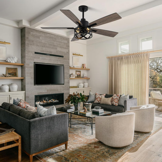 52 Inch Farmhouse Ceiling Fans with Lights and Remote Quiet and Reversible DC Motor Black Industrial Rustic Caged Ceiling Fan for Bedroom Living Room Covered Patio