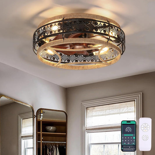 18” Low Profile Boho Nylon Cage Ceiling Fans with Lights and Remote, Black Flush Mount Ceiling Fan, Small Farmhouse Ceiling Fan Lamp Lighting Fixture for Bedroom, Reversible(Bulbs not included)
