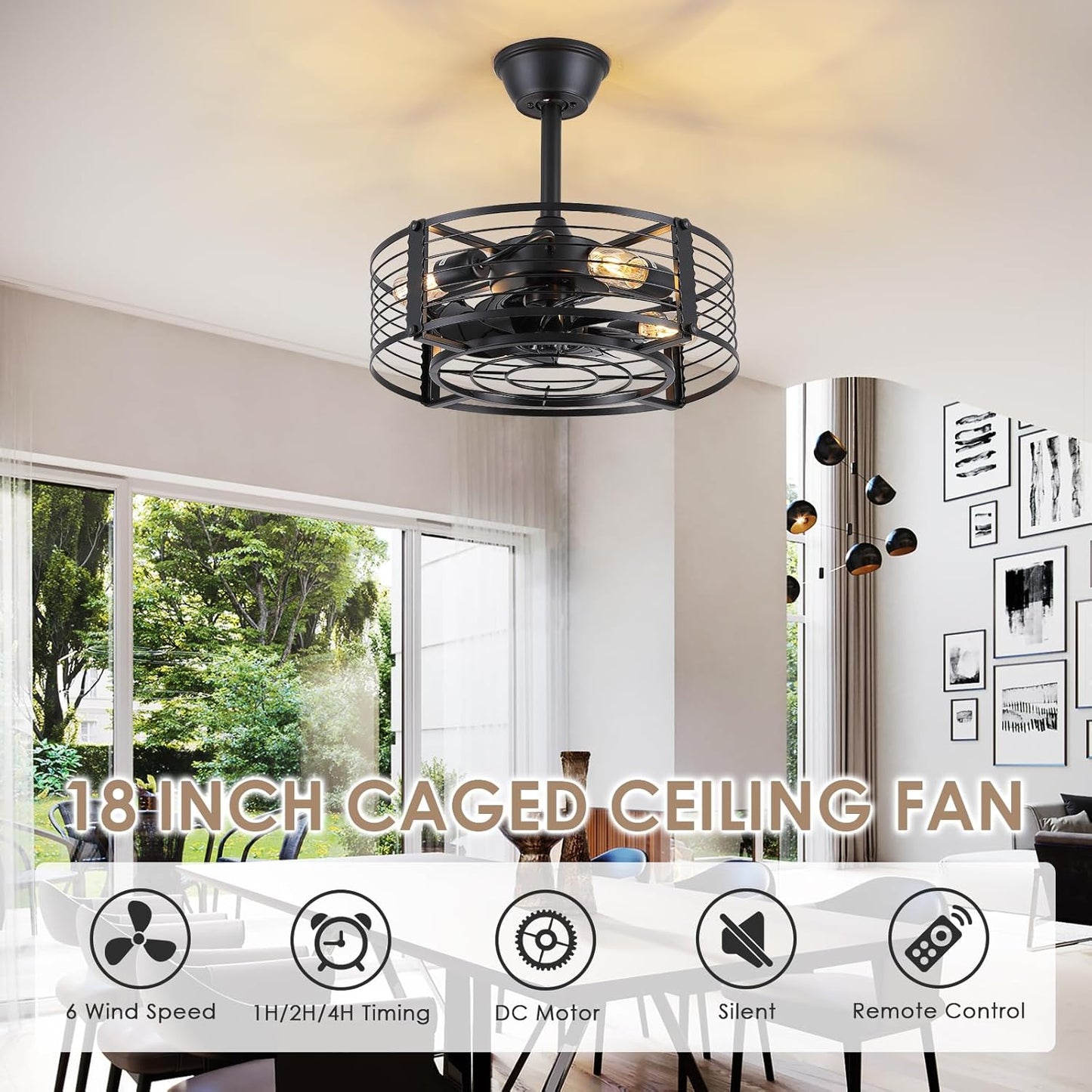 Caged Ceiling Fan with Light, 18 Inch Black Fandelier Ceiling Fans for Kitchen Bedroom Outdoor, Remote Control, Reversible