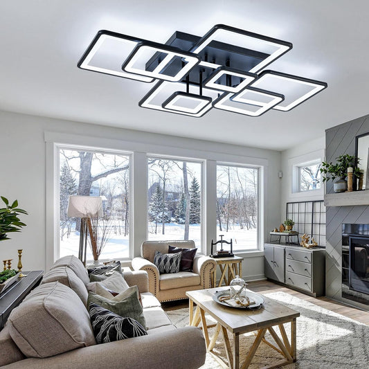 Modern LED Ceiling Light, Dimmable LED Chandelier Black Flush Mount Ceiling Lights, Remote Control Acrylic Ring Ceiling Lamp Fixture for Living Room Dining Room Bedroom