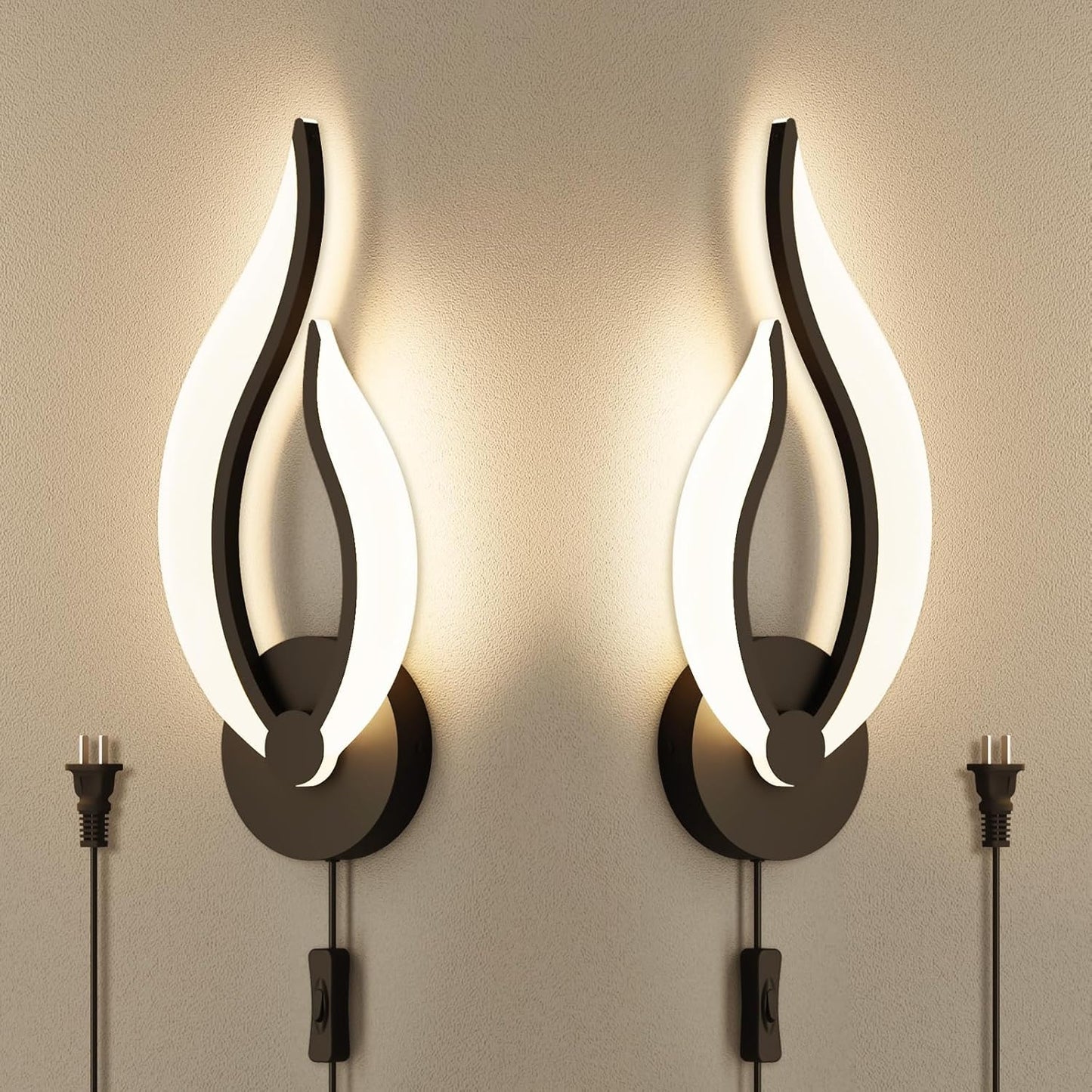 Modern LED Wall Lamps for Bedrooms Set of 2 Black Plug in Wall Light Fixtures 3000K 10Watt Wall Mounted Bedside Lamps