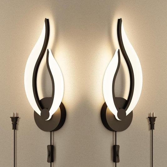 Modern LED Wall Lamps for Bedrooms Set of 2 Black Plug in Wall Light Fixtures 3000K 10Watt Wall Mounted Bedside Lamps