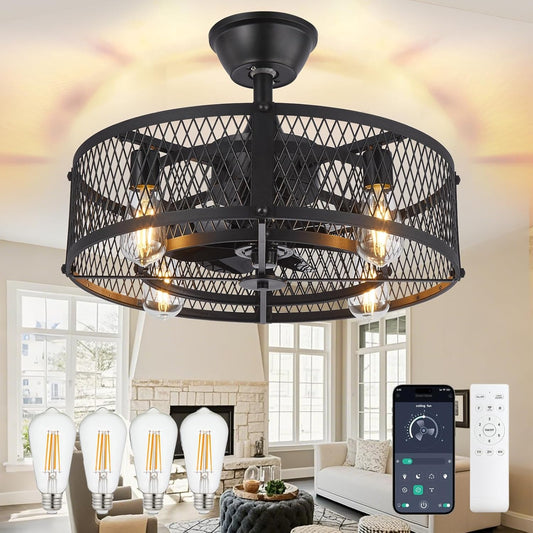 Caged Ceiling Fan with Light: 20" Farmhouse Fandelier with Light and Remote - Black Rustic Chandelier with Fan for Bedroon Kitchen Living Dining Room