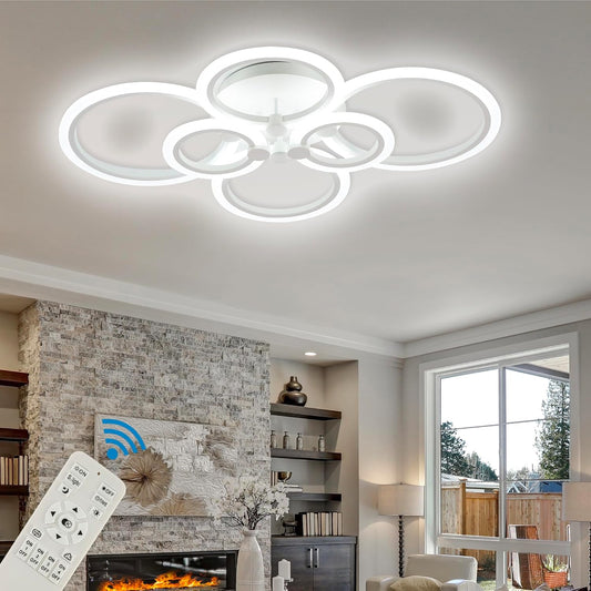 Modern Ceiling Lights- Dimmable LED Ceiling Lamps 31.4" Flush Mount LED Chandelier Lighting Fixture White 6 Rings Light for Living Kitchen Dining Room, Bedroom 3000/4000/6500K with Remote